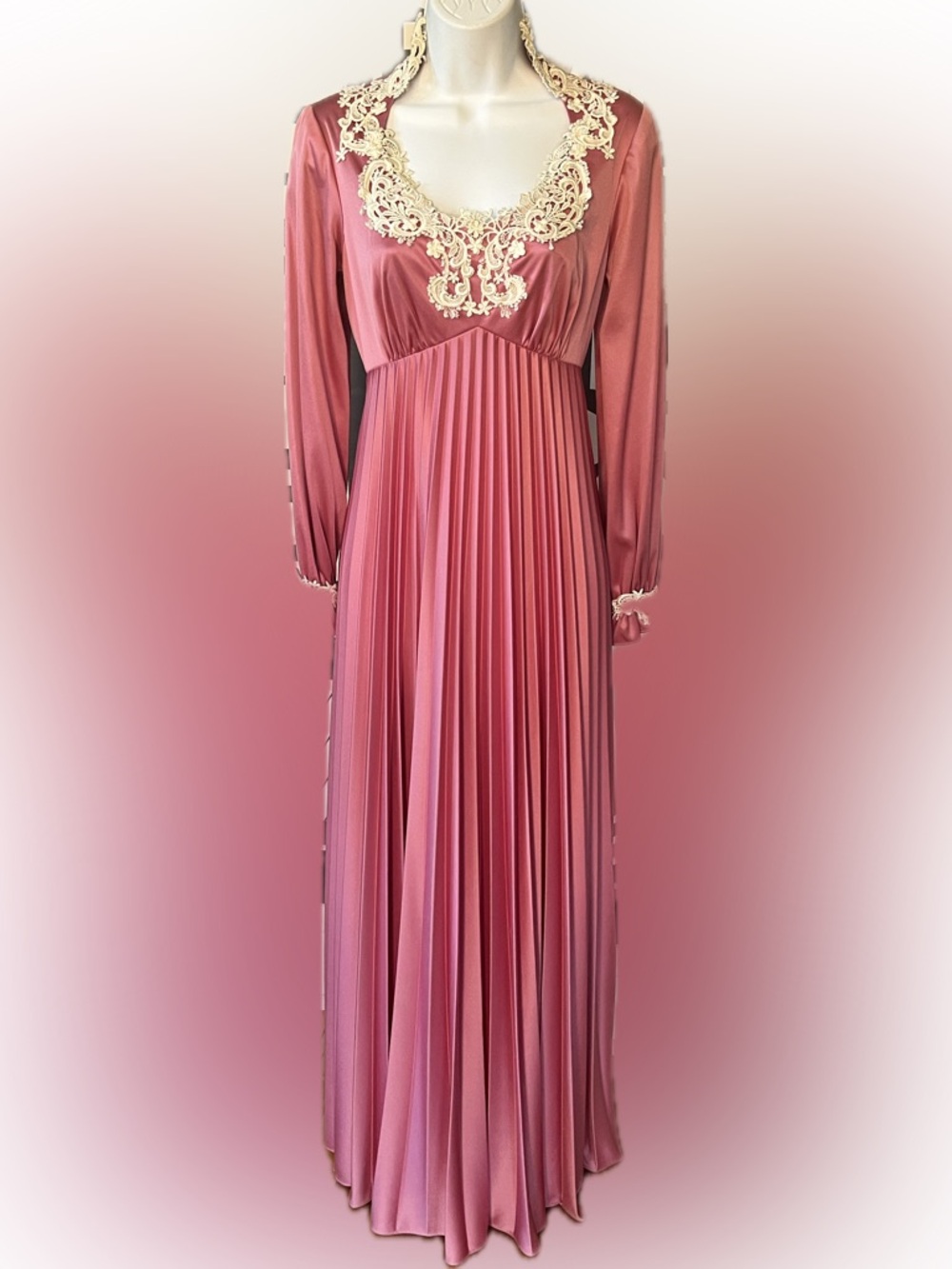 Vintage 70s Mauve Pink Pleated Maxi Dress with Lace Trim and Empire Waist